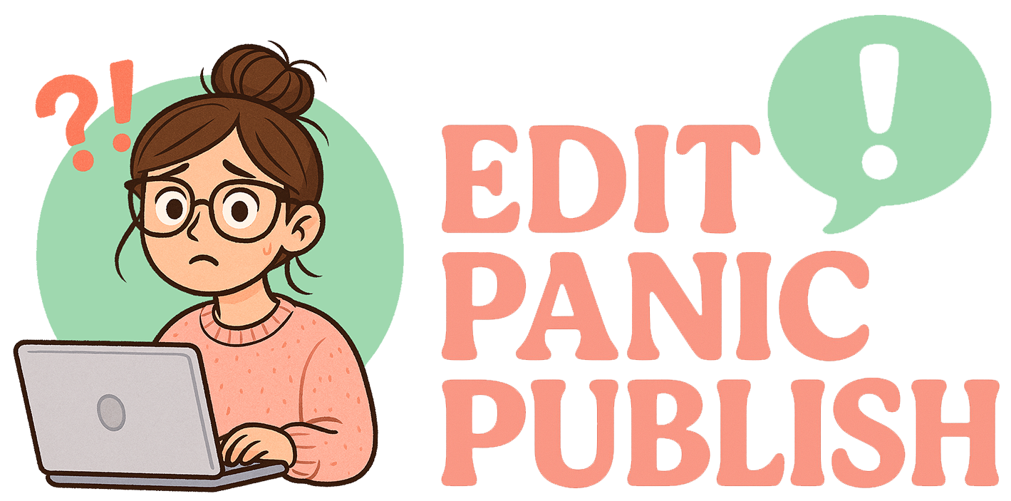 Site banner. Says "Edit Panic Publish," with a text bubble next to the word Panic containing the symbols ? and !. To left of the copy is the Blog Mascot, featuring a girl (Jac) with a laptop, looking anxious. The symbols ? and ! are next to her face.